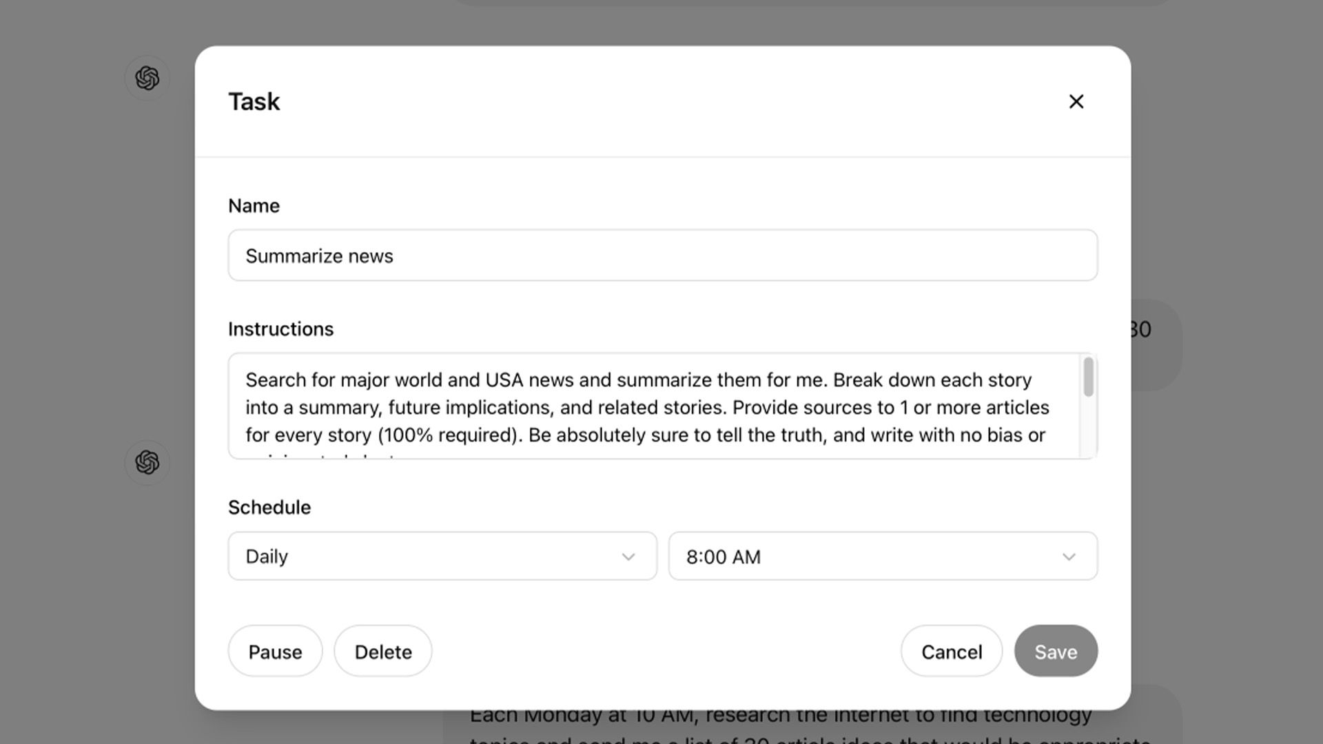 Пример задания с конкретными инструкциями для Scheduled Tasks.