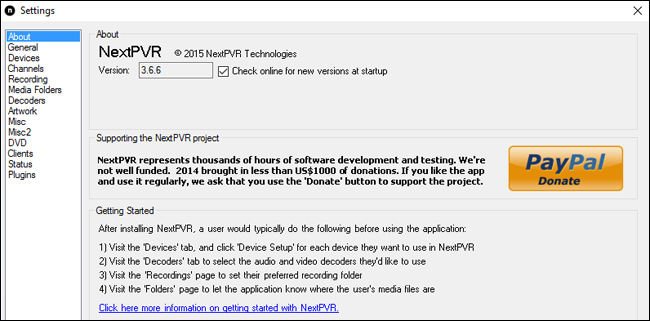 Окно настроек NextPVR