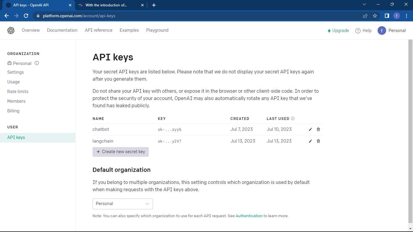 Страница управления ключами API OpenAI