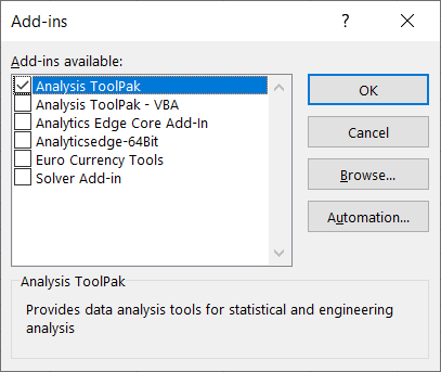 Окно добавления Analysis ToolPak с отмеченной опцией