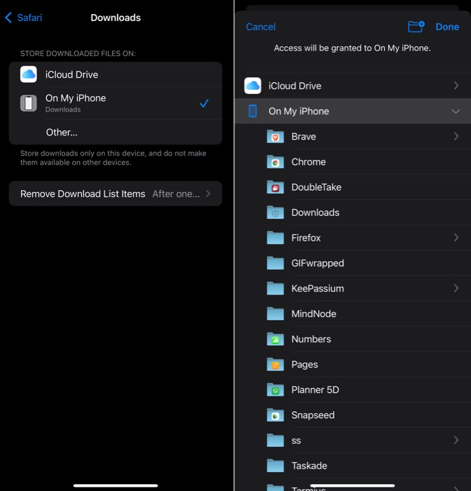 Диалог выбора папки для загрузок Safari на iPhone