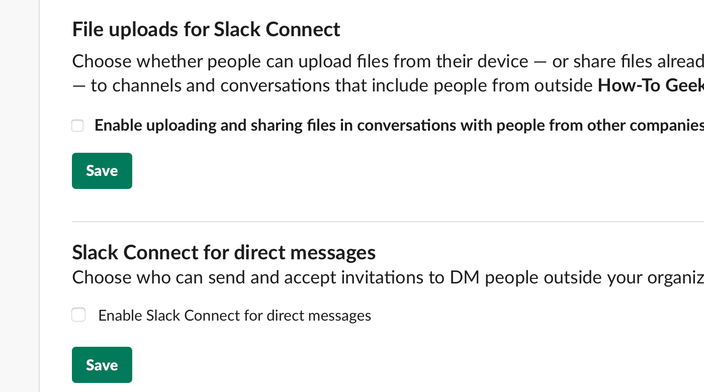Отключение загрузки файлов и личных сообщений для Slack Connect