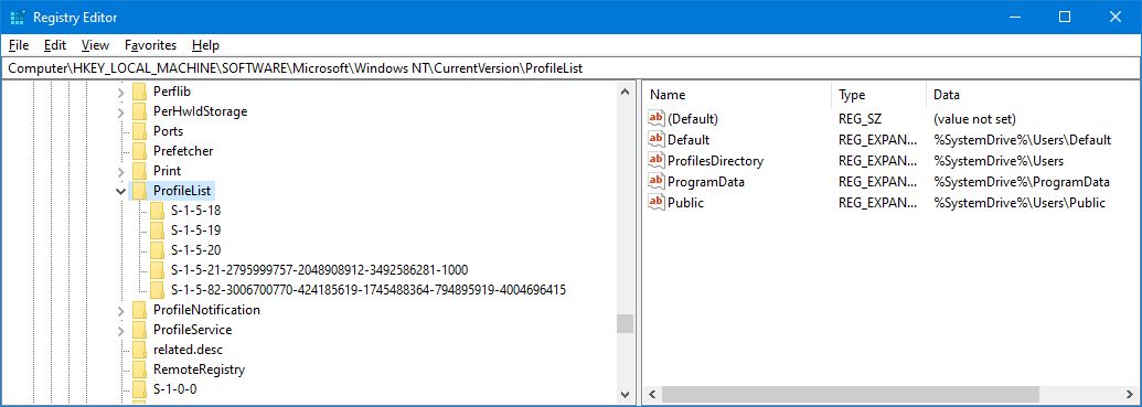 ProfileList в Редакторе реестра