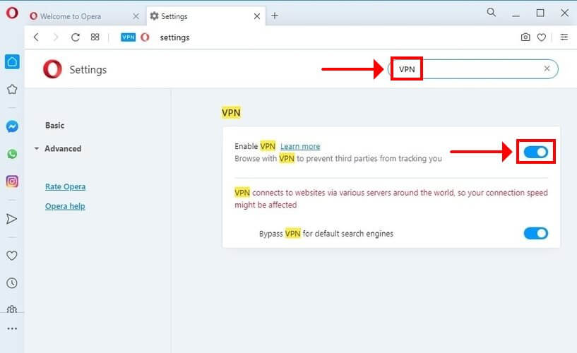 Как включить встроенный VPN в настройках Opera