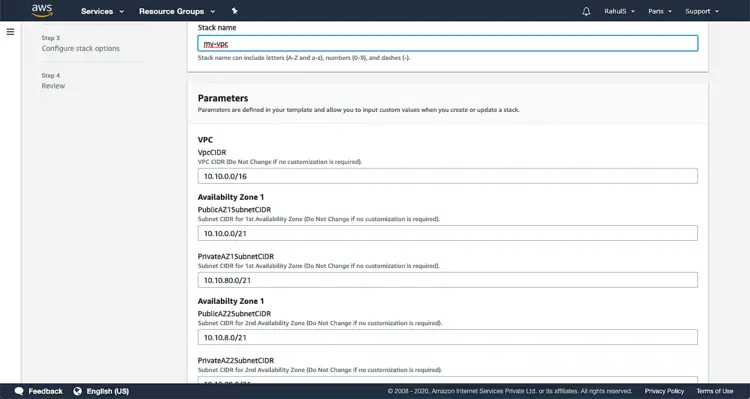 Имя стека и параметры