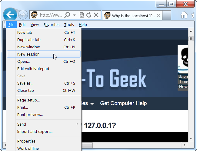 Internet Explorer: Меню Файл — Новый сеанс