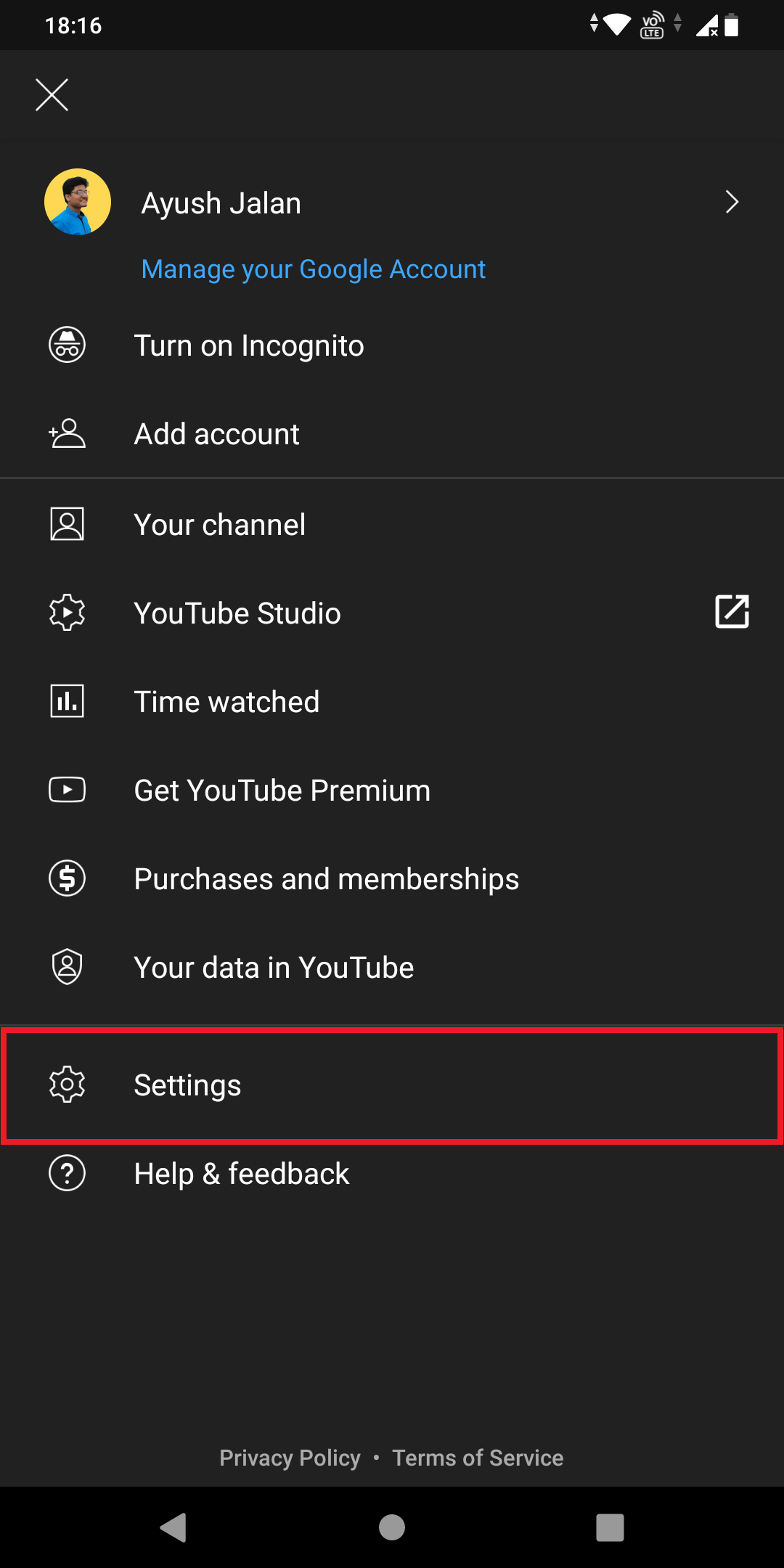 Скриншот настроек YouTube с меню профиля