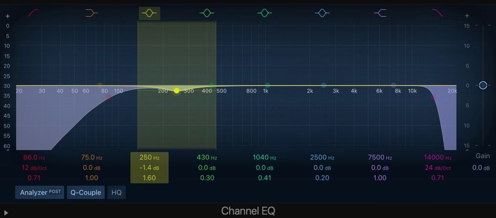 Фильтр для удаления мути в Channel EQ Logic Pro