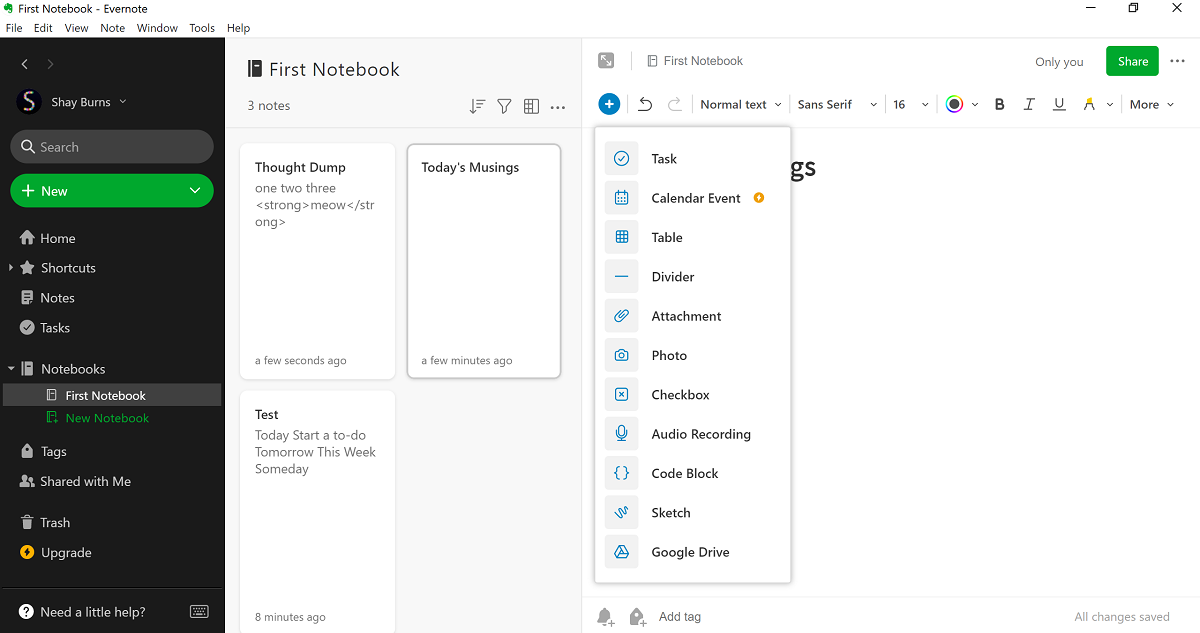 Скриншот новой заметки в Evernote