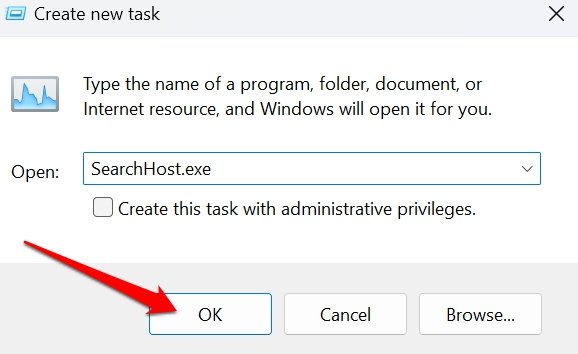 Окно Создать новую задачу — запуск SearchHost.exe