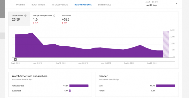 Вкладка Build an Audience с уникальными зрителями и вкладкой подписчиков
