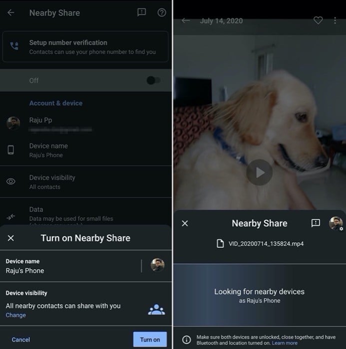 Экран отправки файла через Nearby Share