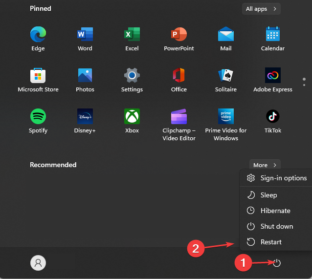 Меню Пуск с кнопкой питания в Windows 11