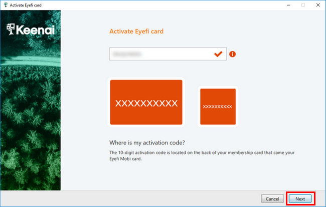 Подтверждение активационного кода карты Eye‑Fi в программе