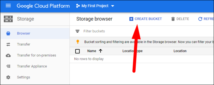 Форма создания бакета в Google Cloud Storage