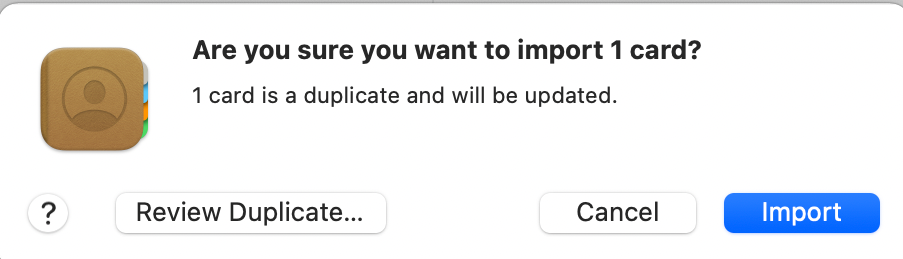 Подтверждение импорта vCard в Контакты после клика в Mail