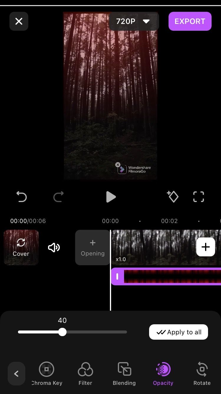 настройка непрозрачности в filmorago