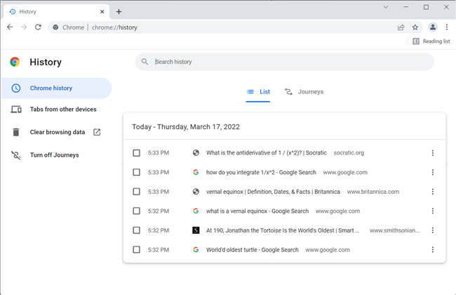 Страница истории Google Chrome