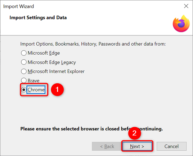 Окно выбора браузера для импорта; выберите Chrome