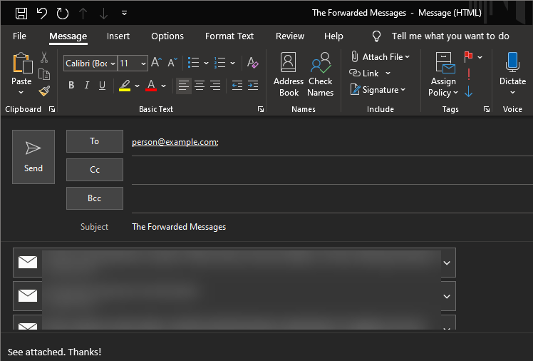 Новое письмо с прикреплёнными пересылаемыми сообщениями в Outlook