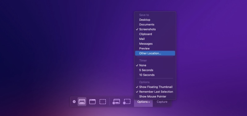 Выбор папки для сохранения снимков экрана в macOS