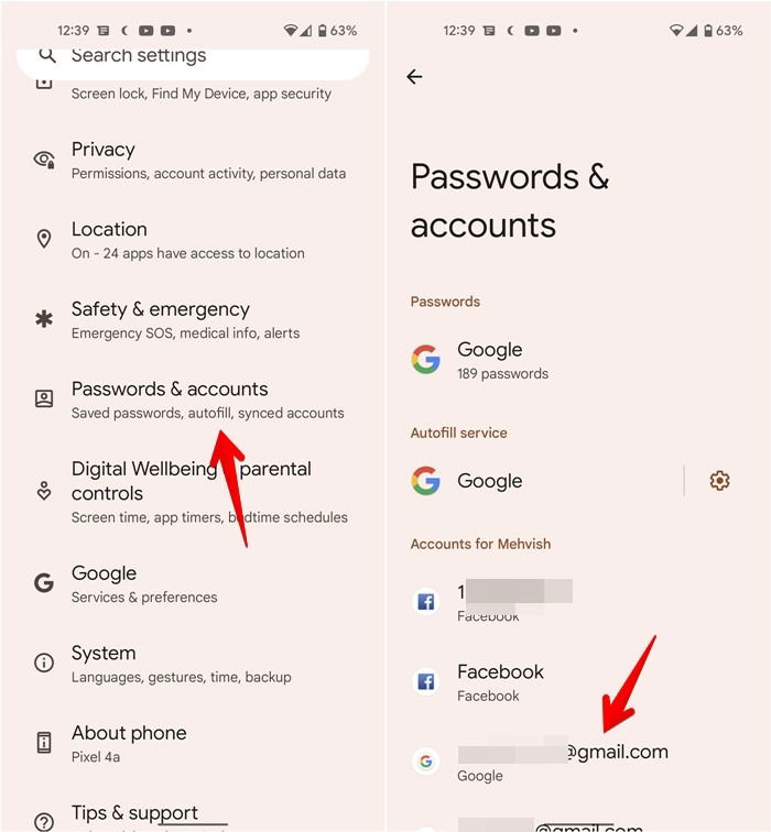 Экран настроек аккаунтов Android с аккаунтом Google