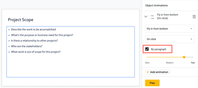 Опция По абзацам для анимации текста