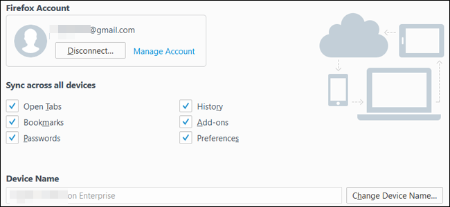 Экран выбора данных для синхронизации в Firefox
