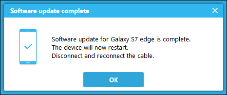 Окно Smart Switch: уведомление об успешном обновлении и запрос на переподключение кабеля