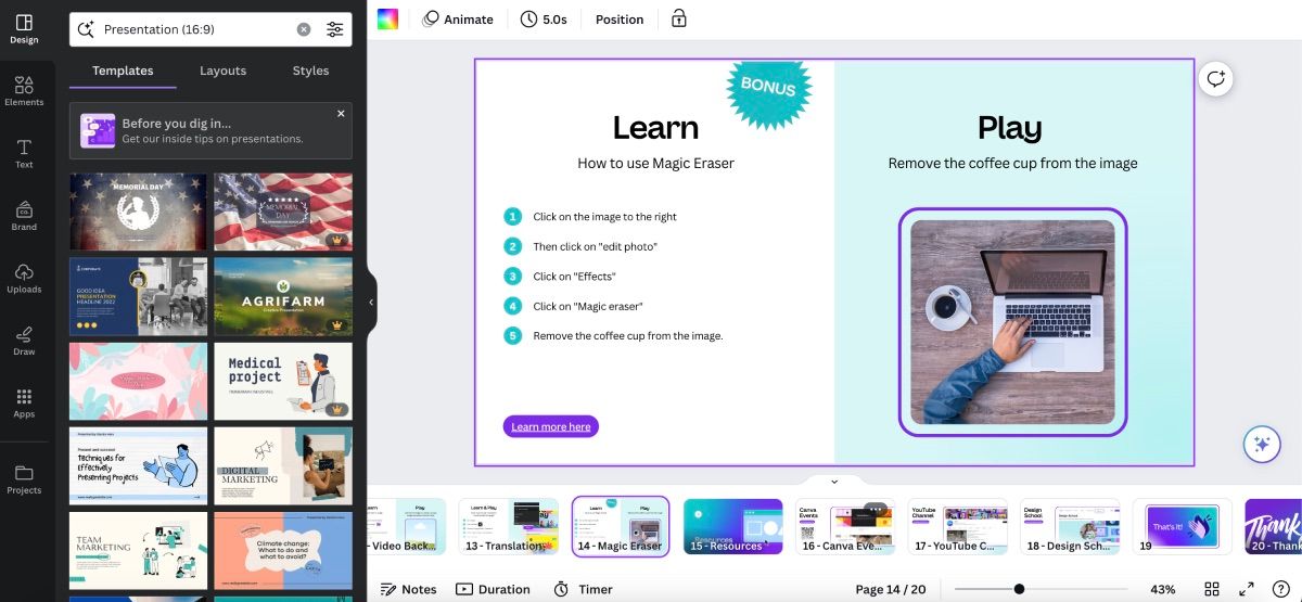 Вкладка handbook открыта во время сессии в Canva