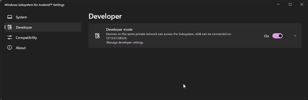 Включение Developer Mode в WSA