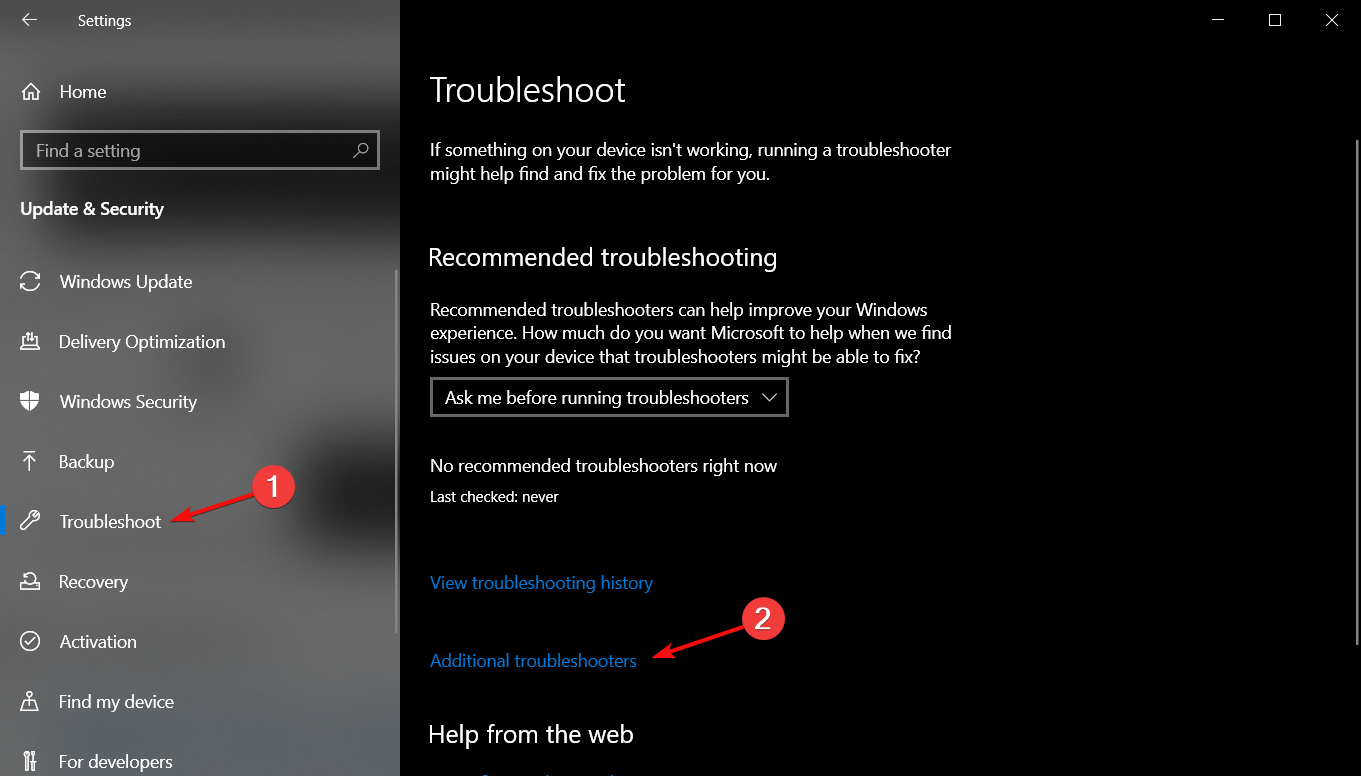 Раздел устранения неполадок в Windows