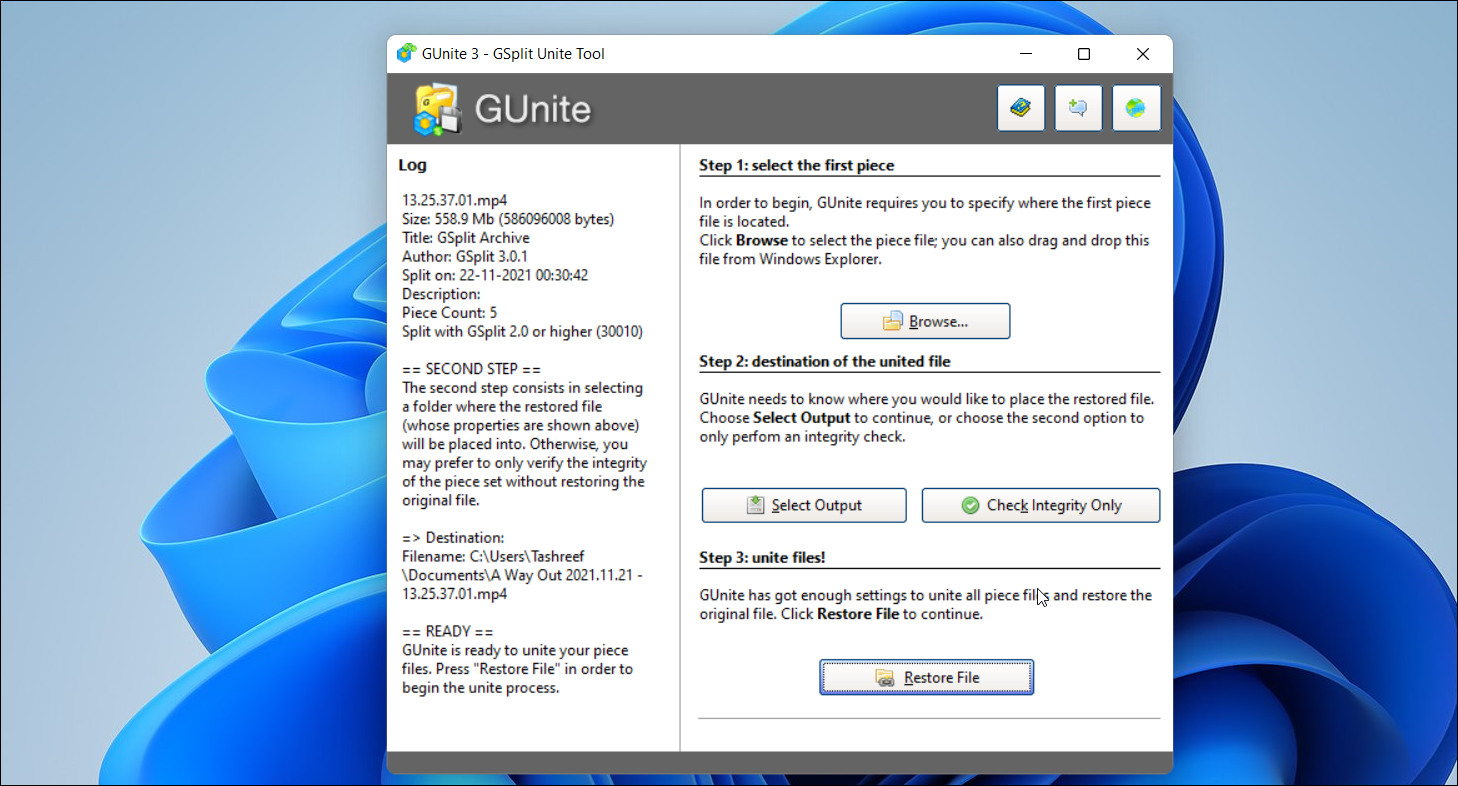 Окно GSplit: вкладка объединения частей в единый файл