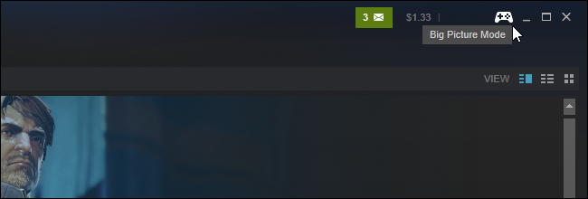 Вход в режим Big Picture в правом верхнем углу окна Steam