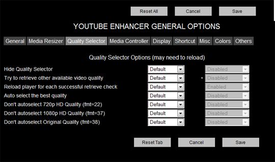 Глобальные параметры YouTube Enhancer в интерфейсе YouTube