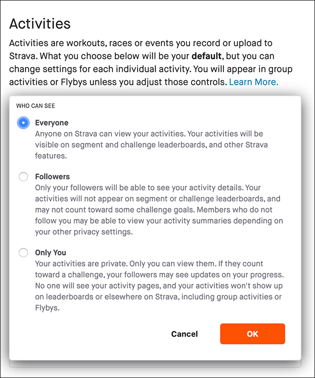 Параметр «Доступ к активностям» в Strava