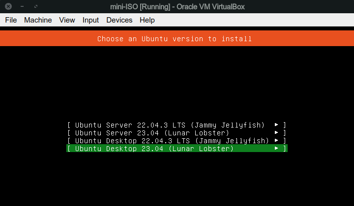 Меню выбора Mini ISO с выделенным Lunar Lobster