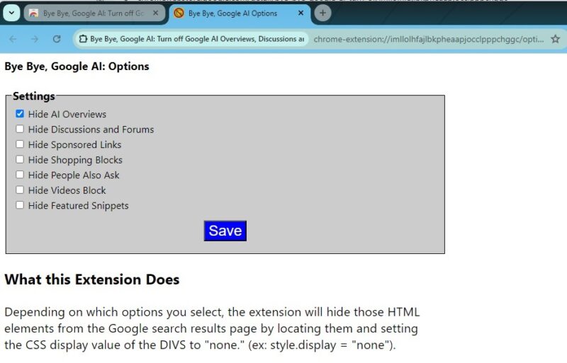 Расширение Bye Bye Google AI блокирует AI-обзоры в результатах поиска.
