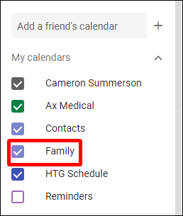 Запись «Family» в списке календарей Google