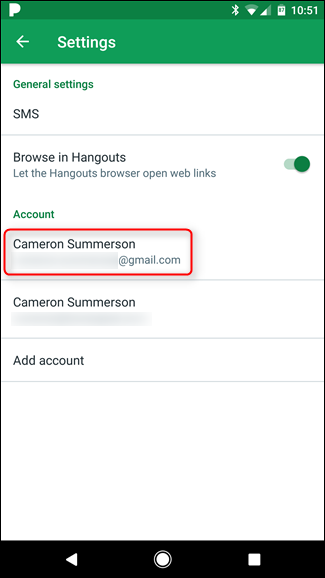 Экран выбора аккаунта в настройках Hangouts