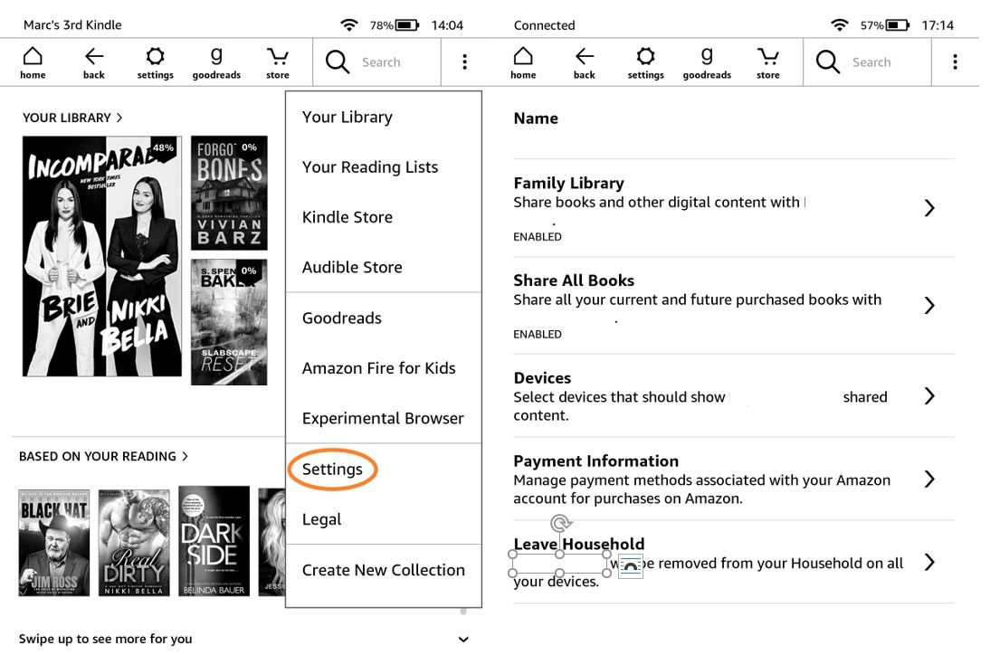 Экран настроек Kindle для семейной библиотеки