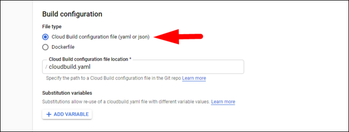 Выбор файла конфигурации cloudbuild.yaml