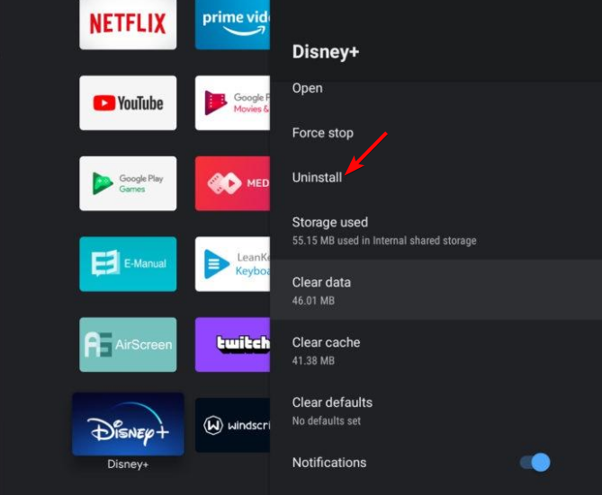 Кнопка удаления приложения Disney+
