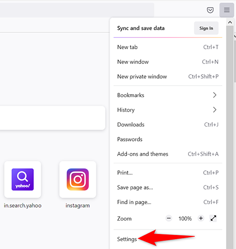 Пункт меню «Settings» в Firefox на рабочем столе