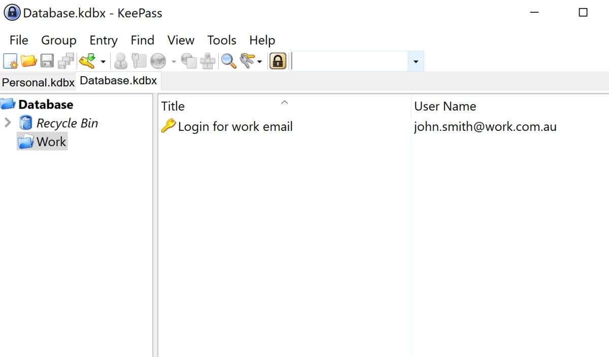 Окно KeePass с рабочей группой и записью пароля