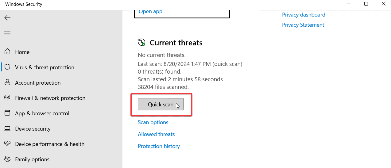 Запуск быстрой проверки в защите от вирусов и угроз