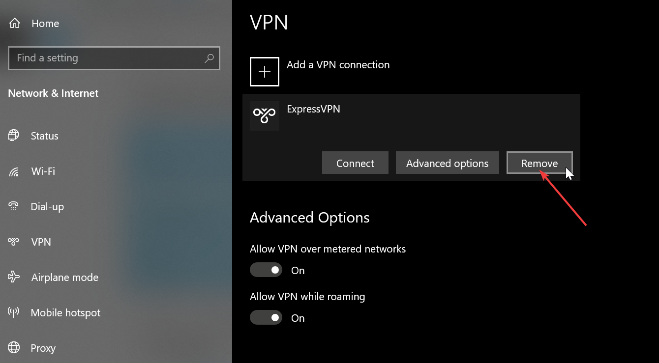 удаление настроек VPN