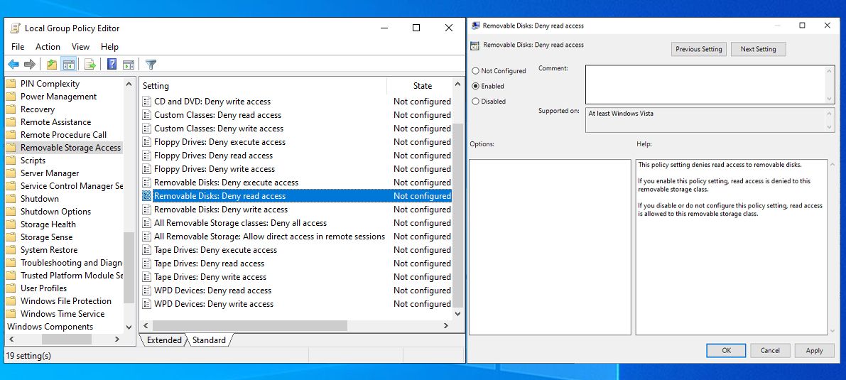 Окно Редактора групповой политики с параметрами для съёмных дисков