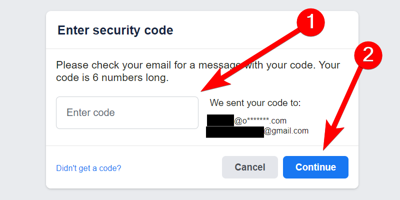 Ввод кода восстановления пароля, отправленного Facebook.
