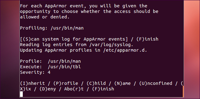Подсказка aa-genprof: выбор наследования профиля для /usr/bin/tbl